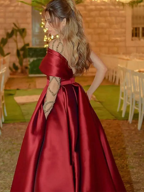 Burgundy One-shoulder Side-slit A-line Long Prom Dress, PD3382 SposaBridal Burgundy One-shoulder Side-slit A-line Long Prom Dress, PD3382 SposaBridal