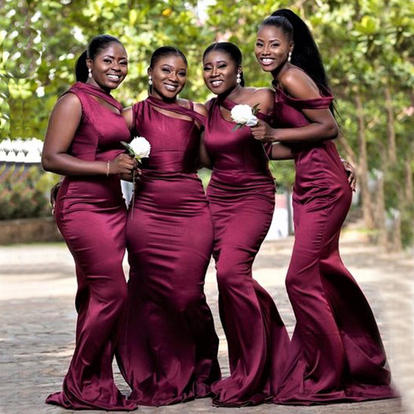 Burgundy One-shoulder Stylish Mermaid Mermaid Long Bridesmaid Dress, B – SposaBridal