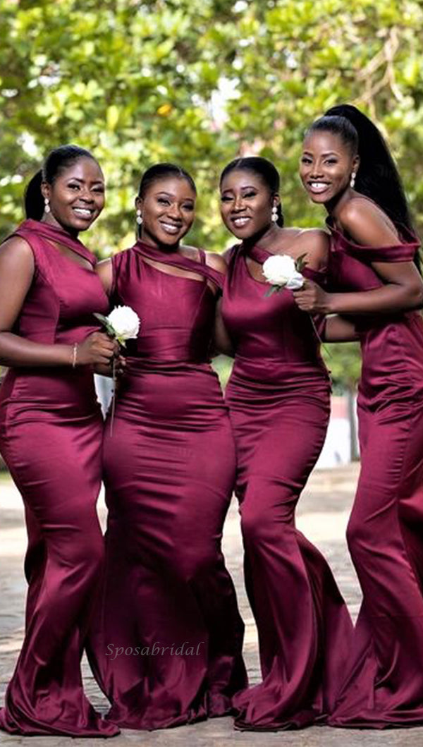 Burgundy One-shoulder Stylish Mermaid Mermaid Long Bridesmaid Dress, B – SposaBridal