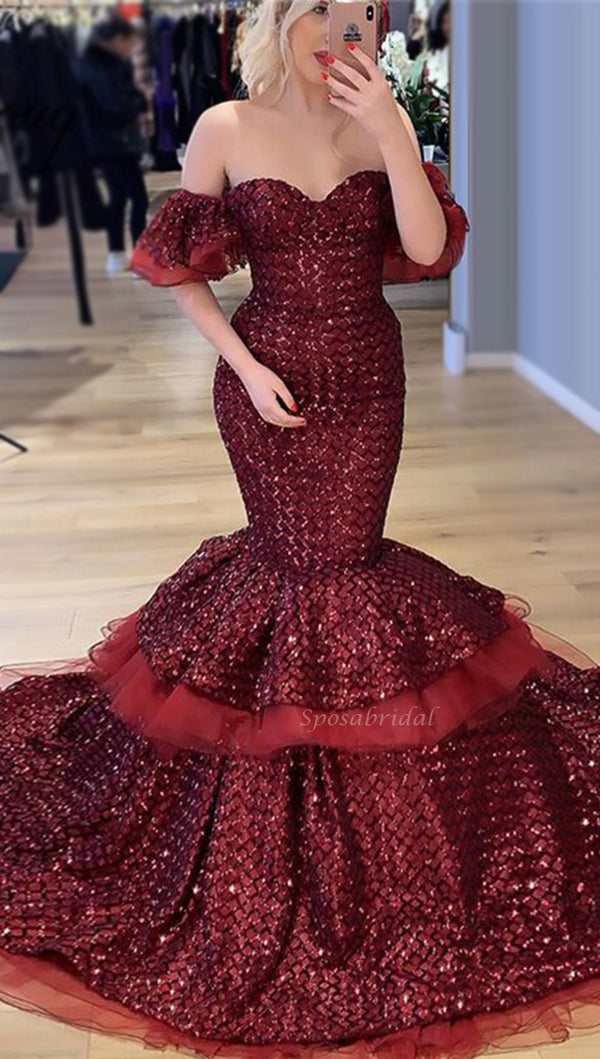 Burgundy Sexy Off-shoulder Sweetheart Mermaid Trumpet Long Prom Dress, SposaBridal Burgundy Sexy Off-shoulder Sweetheart Mermaid Trumpet Long Prom Dress, SposaBridal
