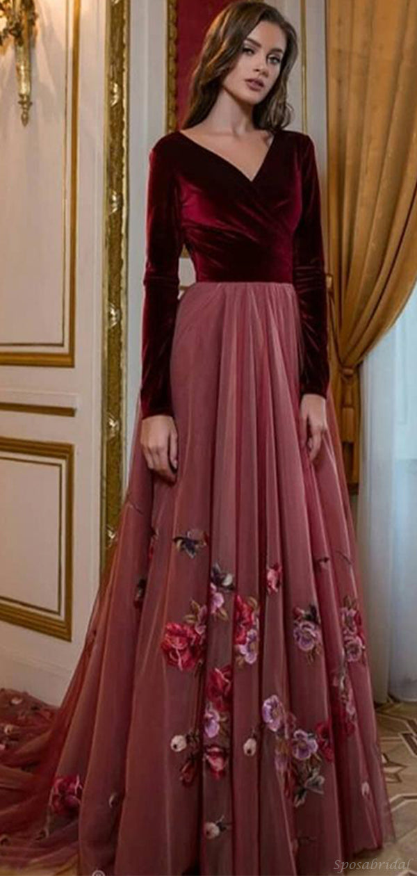Burgundy Velvet Long Prom Gowns with Puffy Sleeves – loveangeldress
