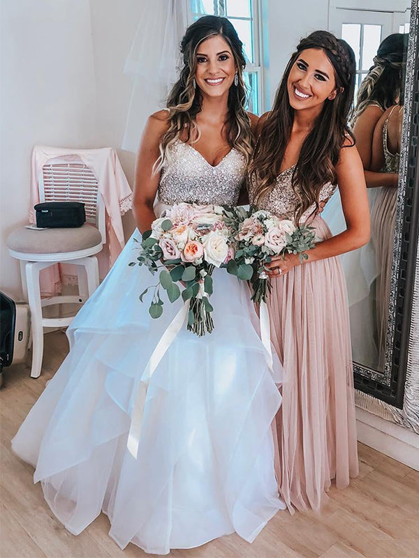 sparkly top bridesmaid dresses Two Piece Mermaid Sequin Top Bridesmaid Dresses Lisposa