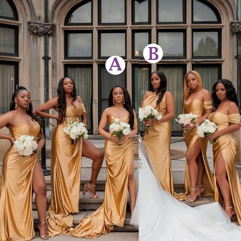 Champagne Gold Mismatchy Sexy Side-slit Long Mermaid Bridesmaid Dress, BD3258