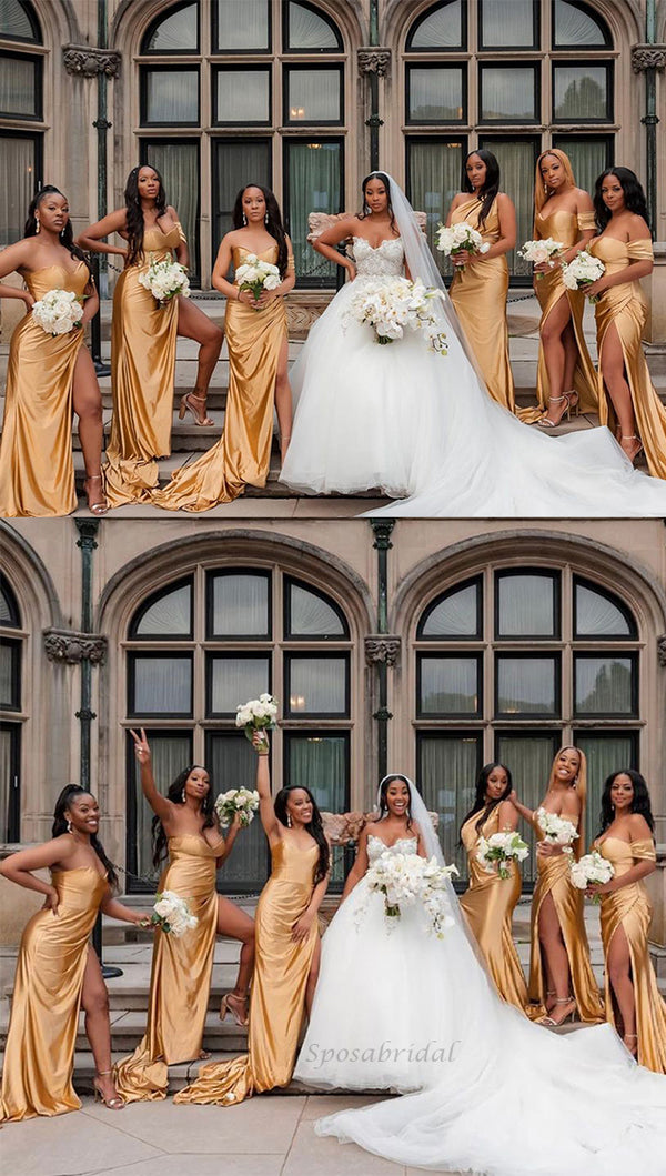 Champagne Gold Mismatchy Sexy Side-slit Long Mermaid Bridesmaid Dress, SposaBridal Champagne Gold Mismatchy Sexy Side-slit Long Mermaid Bridesmaid Dress, SposaBridal