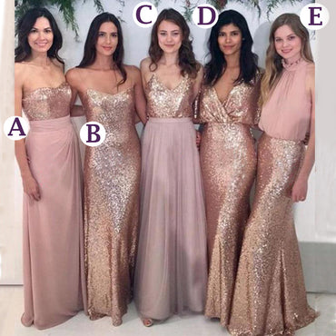 Champagne Pink Mismatched Sparkly Sequin Floor-length Bridesmaid Dresses, BD3183