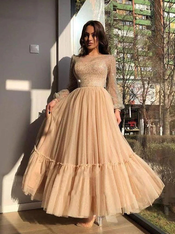 Champagne Sparkling Long Sleeves A-line Tulle Ankle-length Prom Dress, SposaBridal Champagne Sparkling Long Sleeves A-line Tulle Ankle-length Prom Dress, SposaBridal