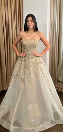 Champagne Strapless Lace Top A-line Sparkly Long Prom Dresses, PD3457