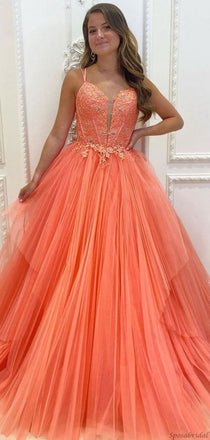 Charming Hot Coral Spaghetti Strap Sweetheart Lace Top A-line Long Prom Dress, PD3172