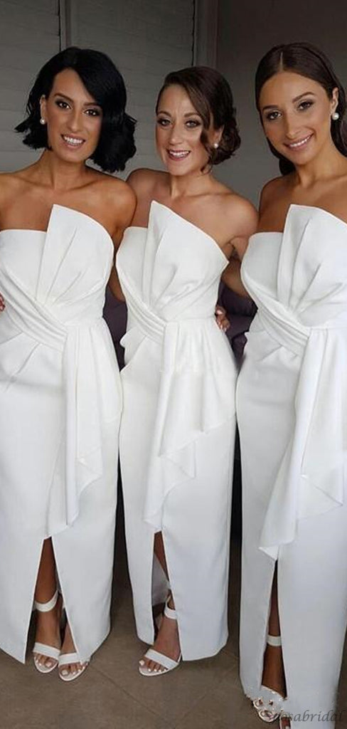 Sexy White Strapless Unique Design Side-slit Mermaid Long Bridesmaid Dresses, WG710