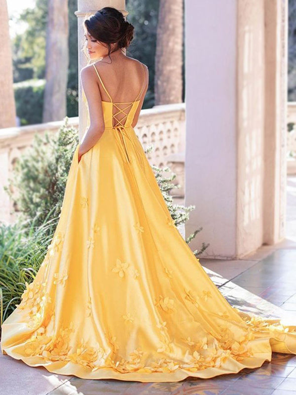 Chic Bright Yellow V-neck Spaghetti Floral Backless A-line Long Prom D –  SposaBridal