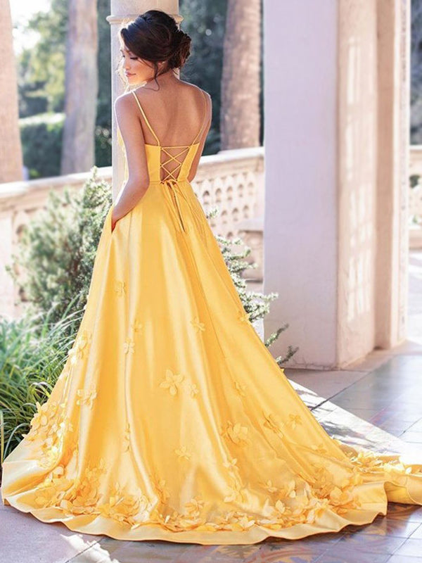 Chic Bright Yellow V-neck Spaghetti Floral Backless A-line Long Prom D SposaBridal Chic Bright Yellow V-neck Spaghetti Floral Backless A-line Long Prom D SposaBridal