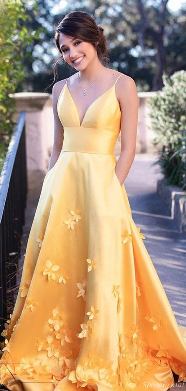 Chic Bright Yellow V-neck Spaghetti Floral Backless A-line Long Prom D SposaBridal Chic Bright Yellow V-neck Spaghetti Floral Backless A-line Long Prom D SposaBridal