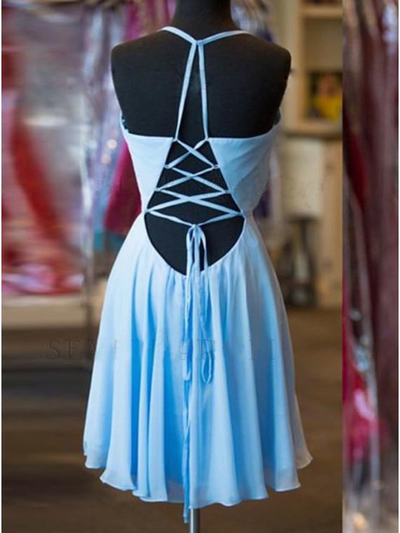 Sexy Casual Chiffon Blue Spaghetti Straps Short Cheap Homecoming Dresses Online, CM566