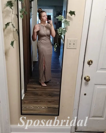 Shiny Special Fabric Halter sleeveless Side Slit Sheath Long Prom Dresses,PD3650