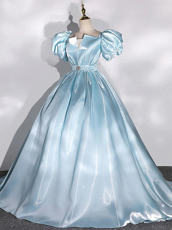 Crystal Satin Sparkly Blue Soft V-neck Princess A-line Long Prom Dress, PD3533