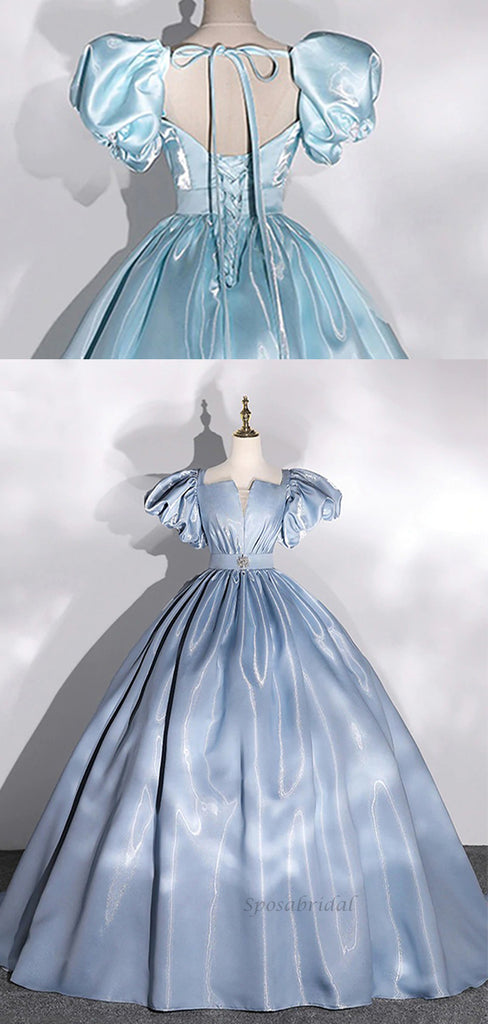 Crystal Satin Sparkly Blue Soft V-neck Princess A-line Long Prom Dress, PD3533