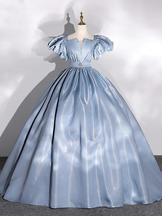 Crystal Satin Sparkly Blue Soft V-neck Princess A-line Long Prom Dress, PD3533