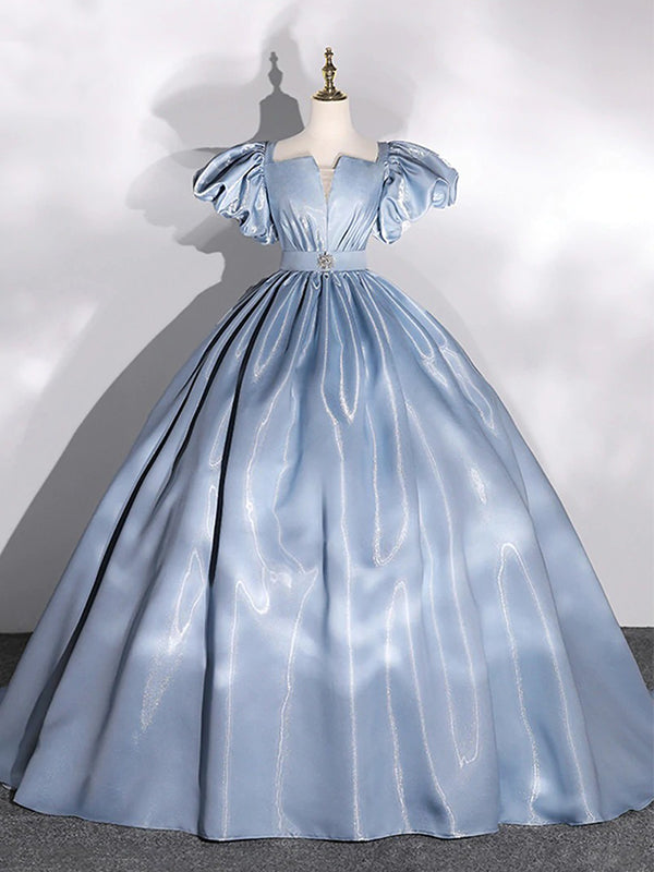 Crystal Satin Sparkly Blue Soft V-neck Princess A-line Long Prom Dress SposaBridal Crystal Satin Sparkly Blue Soft V-neck Princess A-line Long Prom Dress SposaBridal
