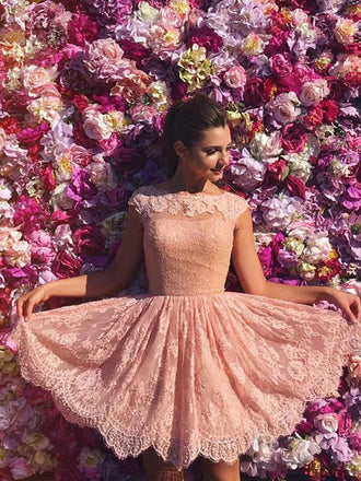 Cap Sleeve Beaded Cute Peach Lace Homecoming Dresses 2018, CM441 - SposaBridal