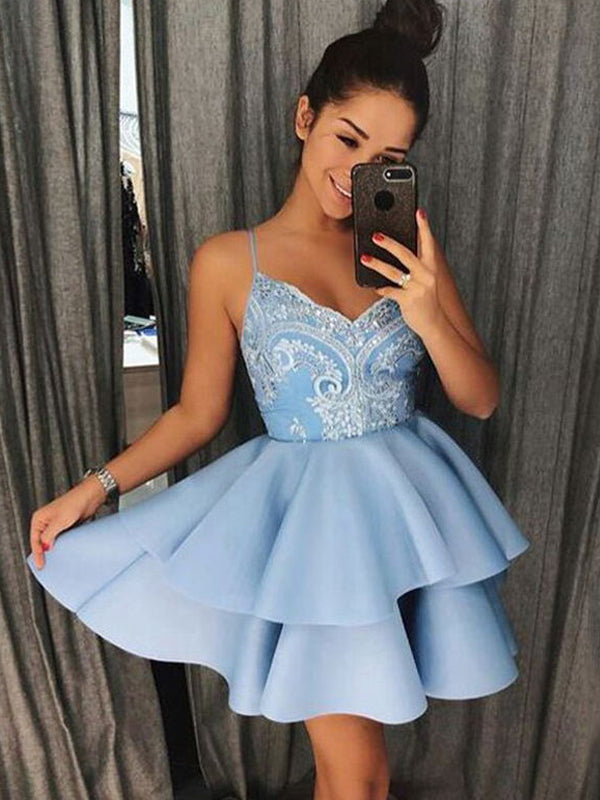 Cute Baby Blue Spaghetti Strap V-neck A-line Short Homecoming Dress, H SposaBridal Cute Baby Blue Spaghetti Strap V-neck A-line Short Homecoming Dress, H SposaBridal