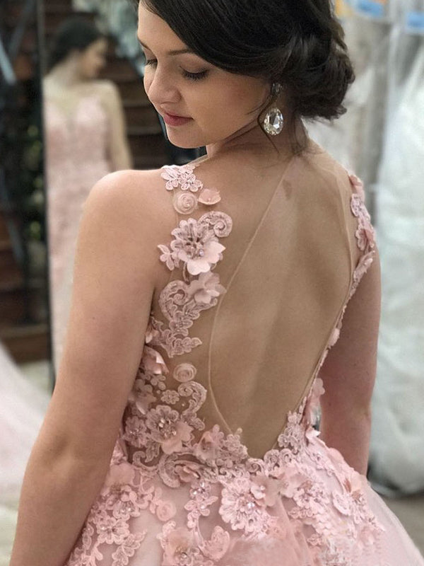Cute Floral Pink V-neck Lace Top Open-back A-line Long Prom Dress, PD3 SposaBridal Cute Floral Pink V-neck Lace Top Open-back A-line Long Prom Dress, PD3 SposaBridal
