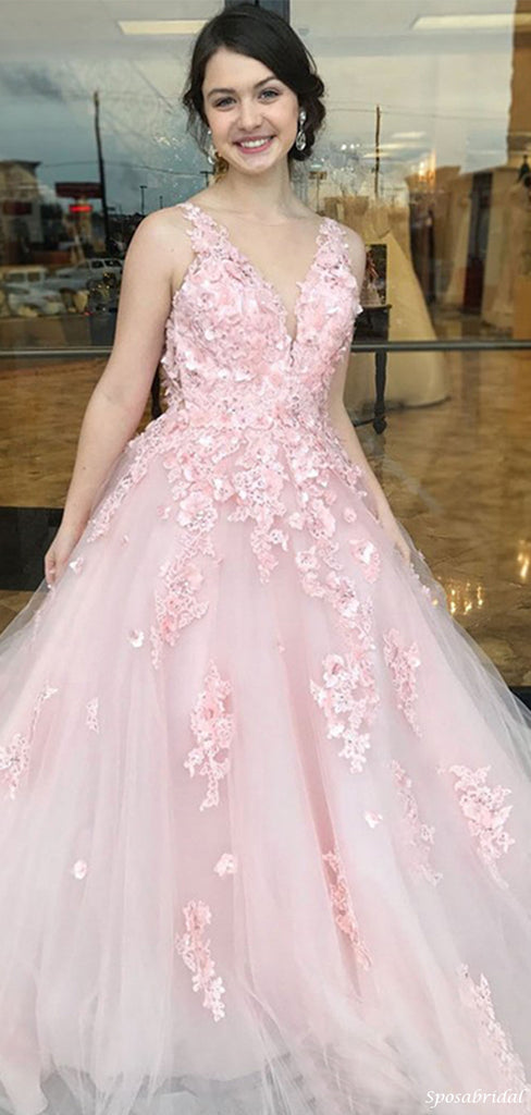 Cute Floral Pink V-neck Lace Top Open-back A-line Long Prom Dress, PD3282