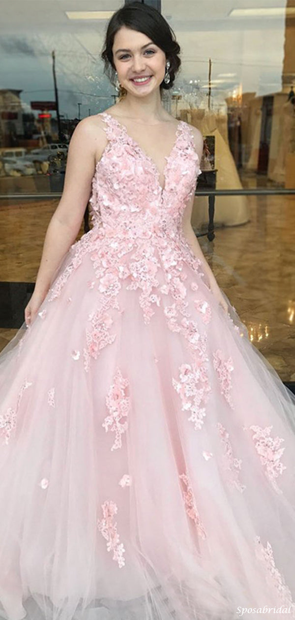 Cute Floral Pink V-neck Lace Top Open-back A-line Long Prom Dress, PD3 SposaBridal Cute Floral Pink V-neck Lace Top Open-back A-line Long Prom Dress, PD3 SposaBridal