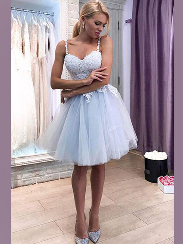 Cute Pale Blue Spaghetti Strap Sweetheart Lace Top A-line Mini Homecom SposaBridal Cute Pale Blue Spaghetti Strap Sweetheart Lace Top A-line Mini Homecom SposaBridal