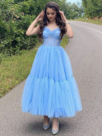 Cute Sky Blue Spaghetti Straps Sweetheart Ruffle Top A-line Tea-length Prom Dress, PD3298
