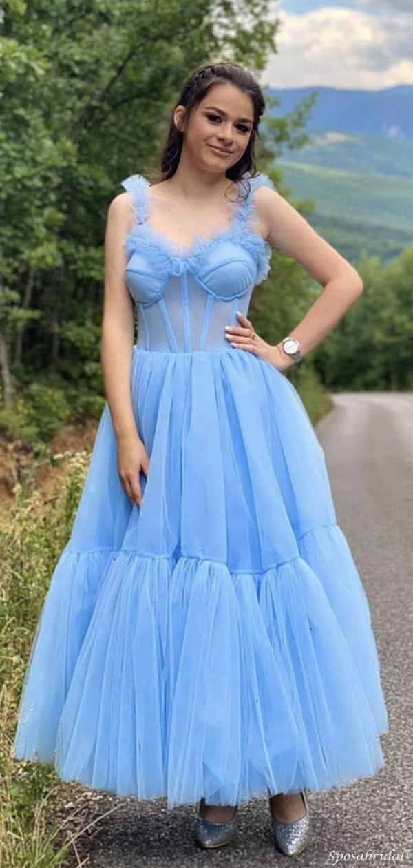 Chic Blue Prom Dress Tea Length Sexy Corset Top Tulle Skirt Party Gown –  Okdresses