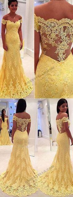 Long Lace Yellow Off Shoulder See-Through Back Evening Formal Fashion Prom Party Dress , PD0267