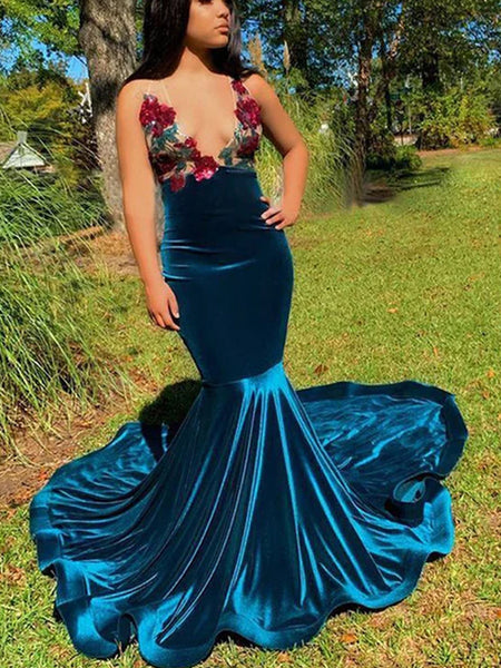 Royal Blue Velvet Mermaid Prom Dress Long Puffy Sleeves V-Neck Evening –  Flora Prom