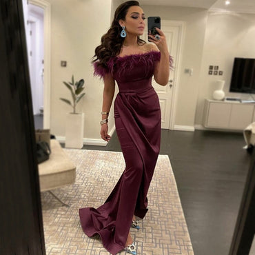 Dark Burgundy Off-shoulder Feather Top Mermaid Long Prom Dress, PD3355