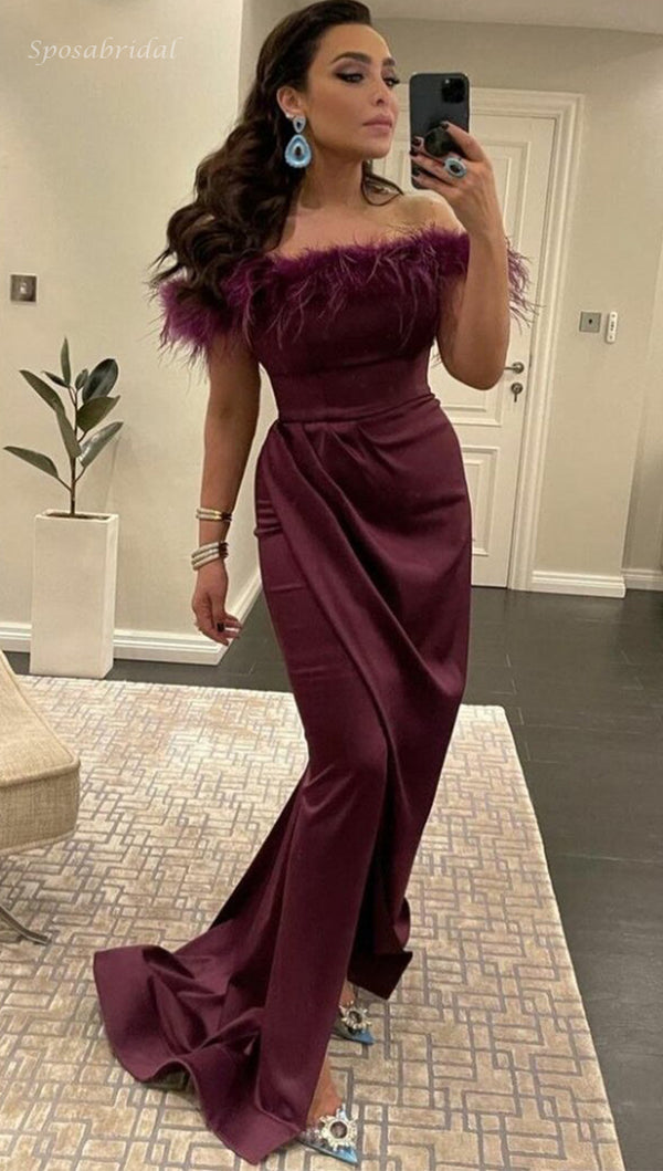 Dark Burgundy Off-shoulder Feather Top Mermaid Long Prom Dress, PD3355 SposaBridal Dark Burgundy Off-shoulder Feather Top Mermaid Long Prom Dress, PD3355 SposaBridal