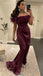 Dark Burgundy Off-shoulder Feather Top Mermaid Long Prom Dress, PD3355