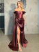 Dark Burgundy Sexy Off-shoulder Side-slit Mermaid Long Prom Dress, PD3553