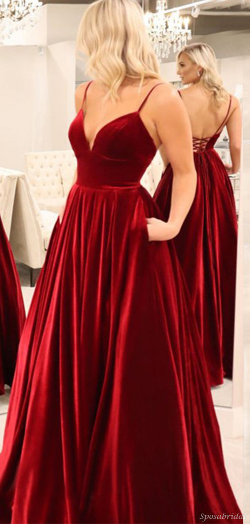 Dark Red Velvet Sexy Spaghetti Straps V-neck Long A-line Prom Dress, PD3276
