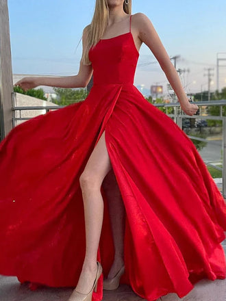 Charming Square Neck Spaghetti Strap Side Slit A-line Long Prom Dress, PD3048