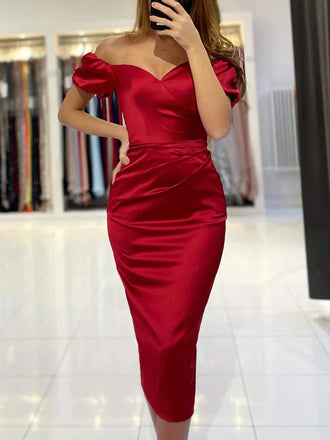 Dark Red Sweetheart Off-shoulder Mermaid Calf-length Prom Dress, PD3058