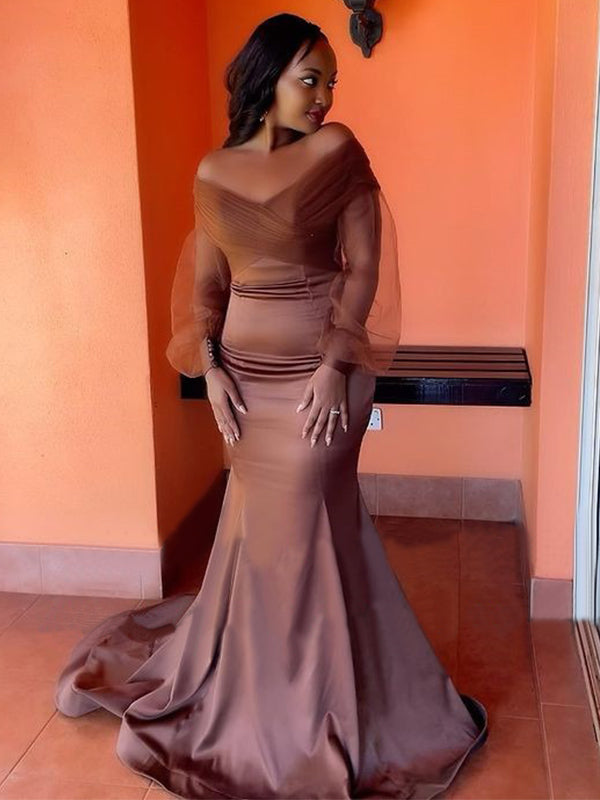 Dusk Elegant Tulle Long Sleeves Off-shoulder Soft Satin Mermaid Long B SposaBridal Dusk Elegant Tulle Long Sleeves Off-shoulder Soft Satin Mermaid Long B SposaBridal