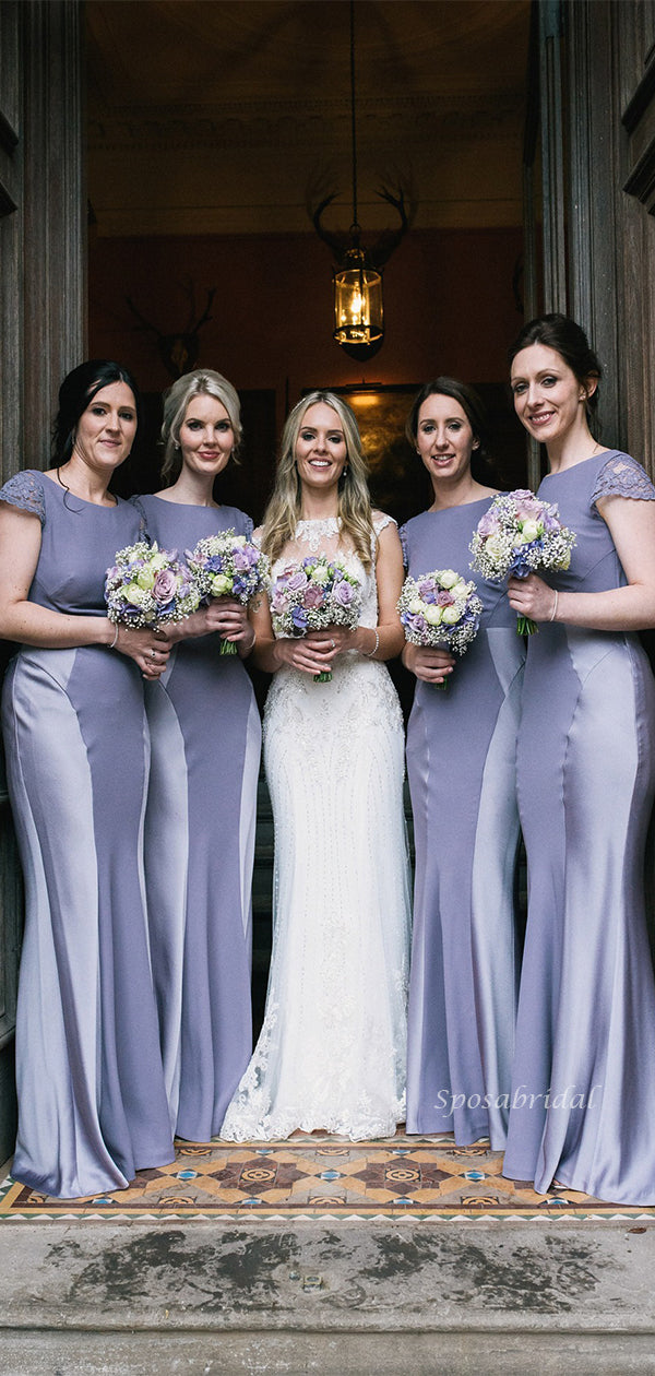 Dusty Blue And Gray Short Sleeves Soft Mermaid Round Neck Long Bridesm – SposaBridal