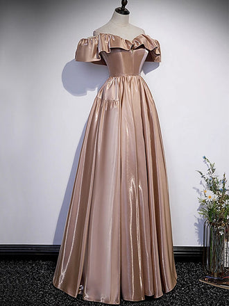 Dusty Pink Ruffle Off-shoulder A-line Long Lace Up Back Prom Dress, PD3447