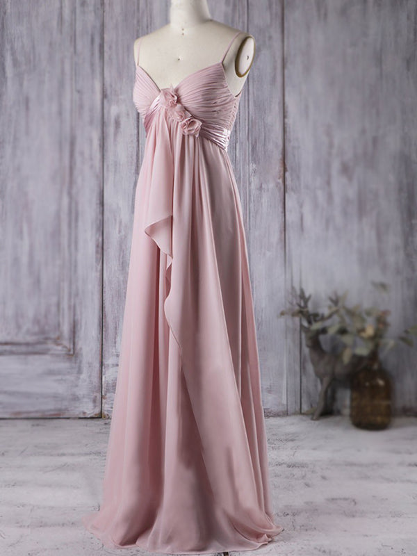 Dusty Pink Spaghetti Straps V-neck Rose Chiffon Pleats A-line Long Bridesmaid Dress, BD3226