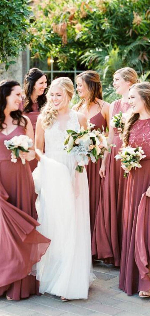 Mismatched Desert Rose Chiffon A-line Long Popular Bridesmaid Dresses, SposaBridal Mismatched Desert Rose Chiffon A-line Long Popular Bridesmaid Dresses, SposaBridal