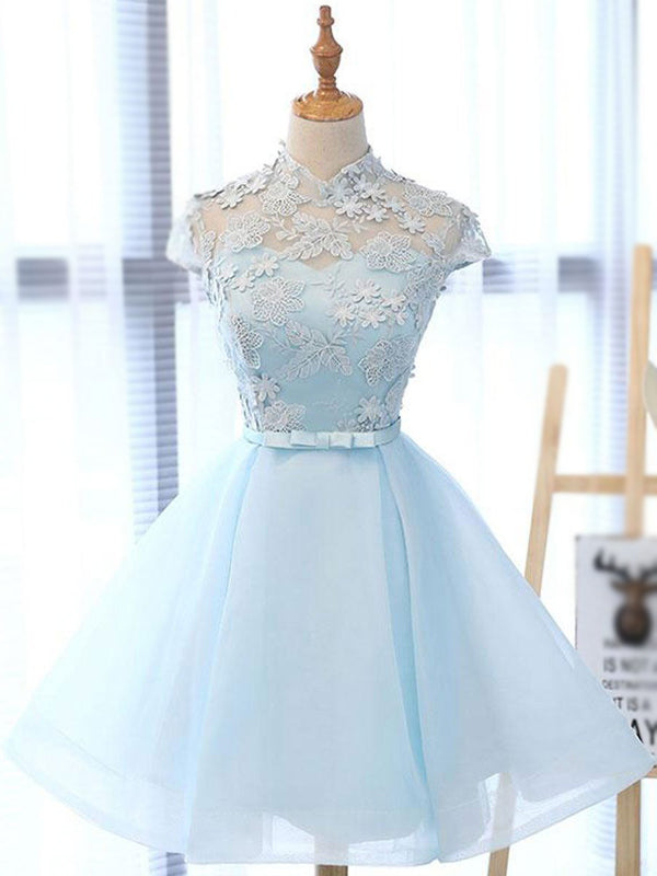 Elegant Baby Blue Illusion Lace Short Sleeve A-line Short Homecoming D SposaBridal Elegant Baby Blue Illusion Lace Short Sleeve A-line Short Homecoming D SposaBridal