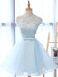 Elegant Baby Blue Illusion Lace Short Sleeve A-line Short Homecoming Dress, HD3040
