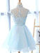 Elegant Baby Blue Illusion Lace Short Sleeve A-line Short Homecoming Dress, HD3040