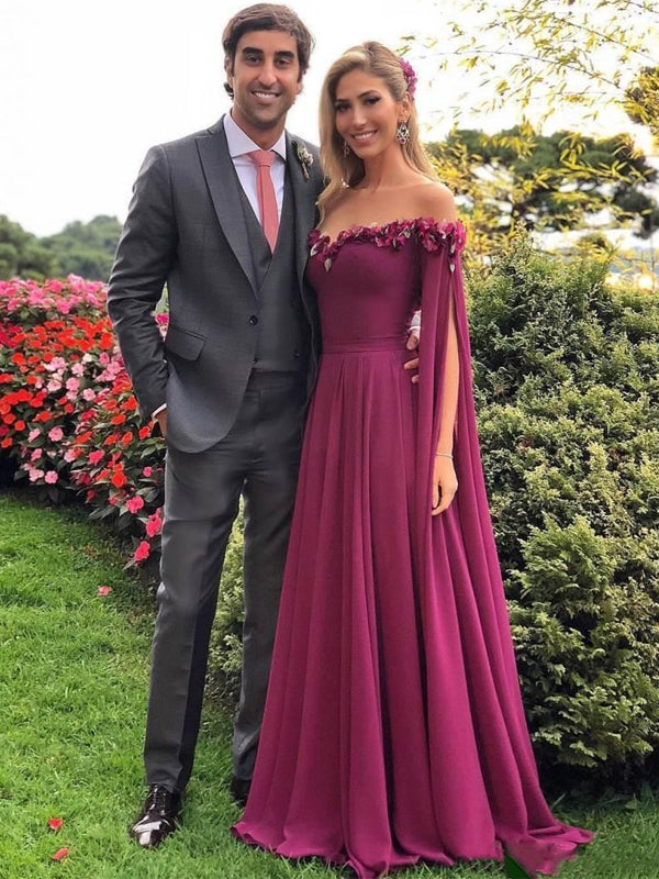 Elegant Mulberry Purple Off-shoulder Long Flowy Sleeve A-line Prom Dre SposaBridal Elegant Mulberry Purple Off-shoulder Long Flowy Sleeve A-line Prom Dre SposaBridal