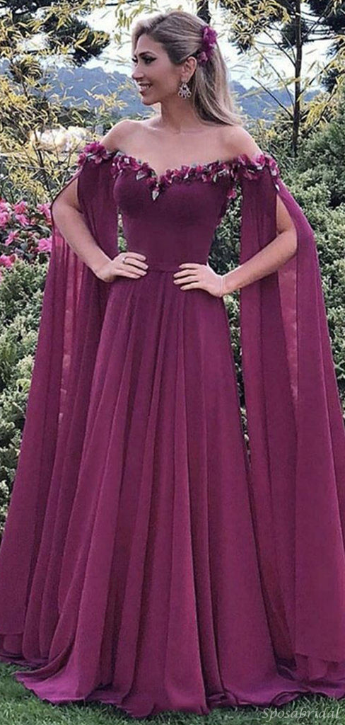 Elegant Mulberry Purple Off-shoulder Long Flowy Sleeve A-line Prom Dress, PD3135