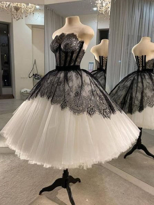 Elegant Black-and-white Strapless Lace Top A-line Mid Length Homecomin SposaBridal Elegant Black-and-white Strapless Lace Top A-line Mid Length Homecomin SposaBridal